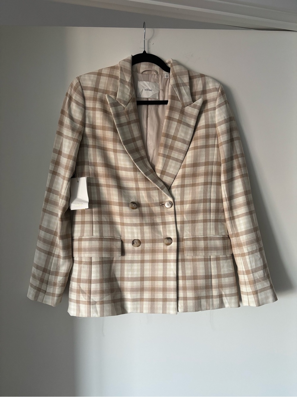 Wilfred Aritzia Beige & Cream Plaid Double-Breasted Destiny Blazer